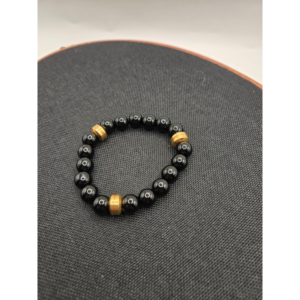 Black Onyx Bead Stretch Bracelet with Gold Tone Spacers Minimalist Jewelry
